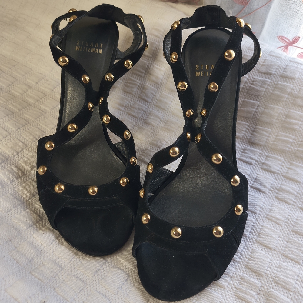 Stuart Weitzman Black Suede Gold-Stud T-Strap Heels